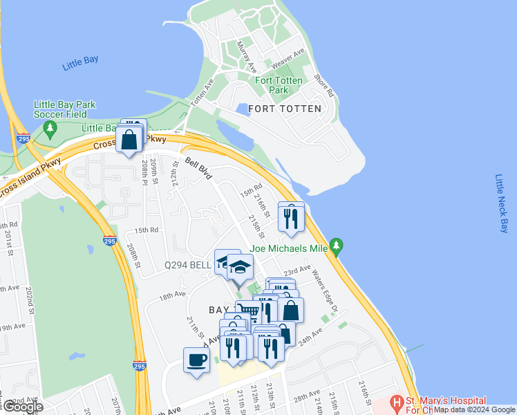 map of restaurants, bars, coffee shops, grocery stores, and more near 15-62 216th Street in Queens