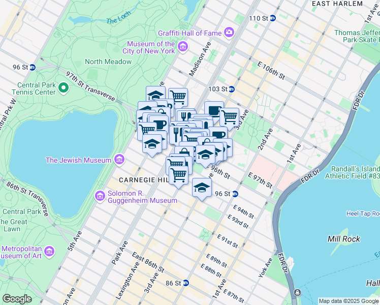map of restaurants, bars, coffee shops, grocery stores, and more near 135 East 96th Street in New York