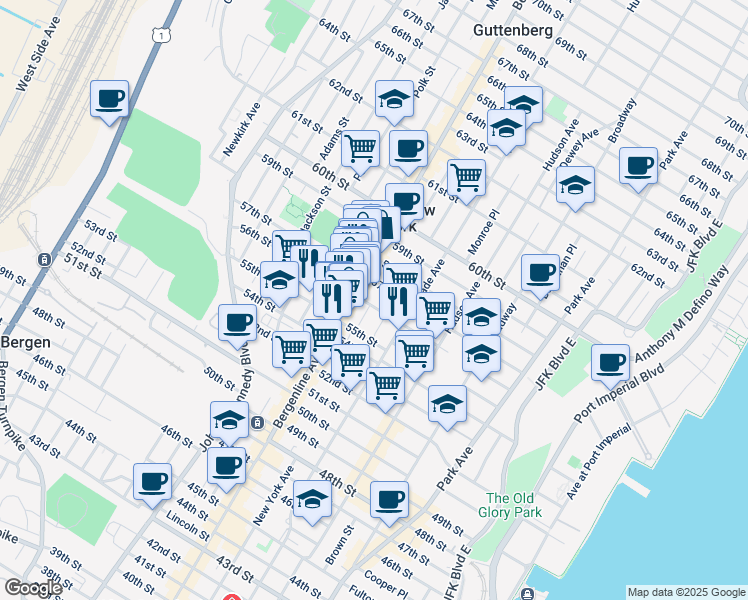 map of restaurants, bars, coffee shops, grocery stores, and more near in West New York