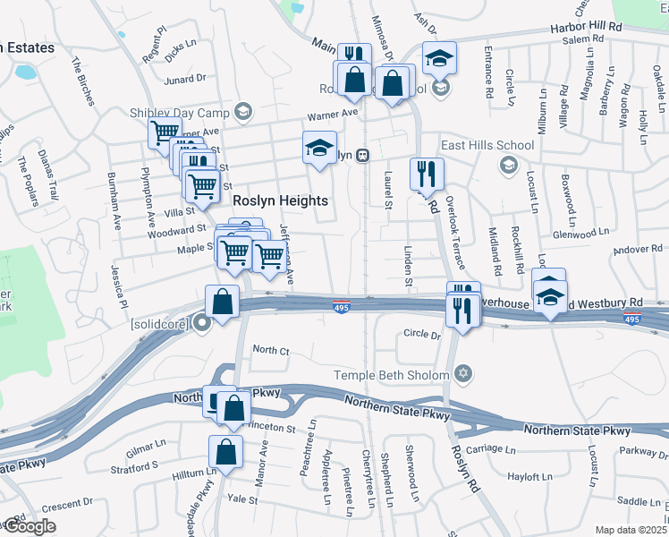 map of restaurants, bars, coffee shops, grocery stores, and more near 54 Coolidge Street in Roslyn Heights