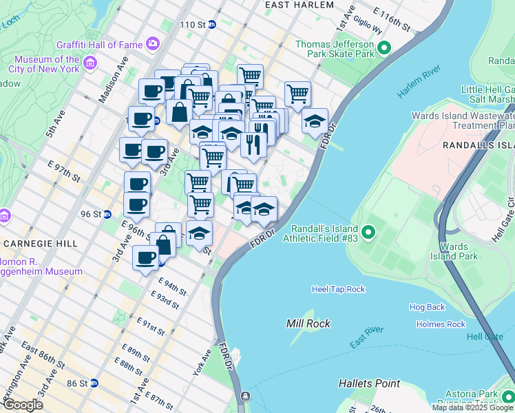 map of restaurants, bars, coffee shops, grocery stores, and more near 1964 1st Avenue in New York