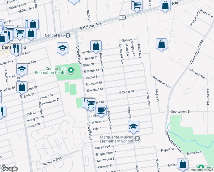 map of restaurants, bars, coffee shops, grocery stores, and more near 22 East Locust Street in Central Islip