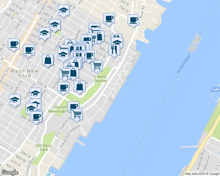 map of restaurants, bars, coffee shops, grocery stores, and more near 351 Oswego Court in West New York