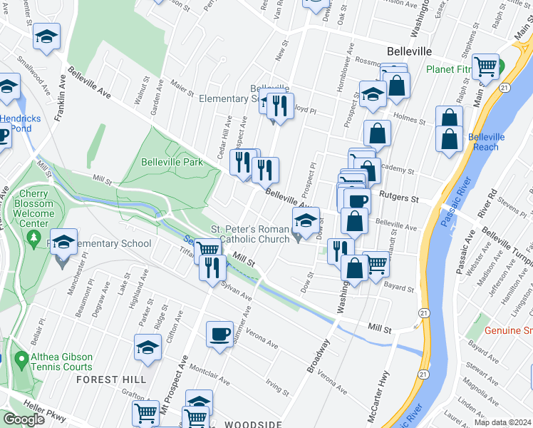 map of restaurants, bars, coffee shops, grocery stores, and more near 218 William Street in Belleville
