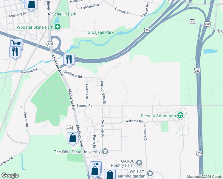 map of restaurants, bars, coffee shops, grocery stores, and more near 846 Woods Edge Court in Wooster