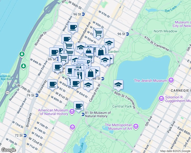 map of restaurants, bars, coffee shops, grocery stores, and more near 24 West 87th Street in New York