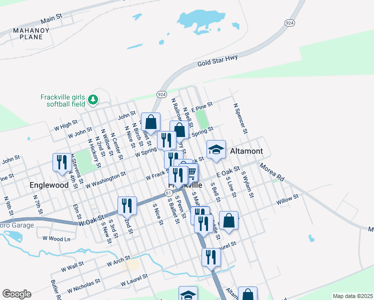 map of restaurants, bars, coffee shops, grocery stores, and more near 34 North Railroad Avenue in Frackville