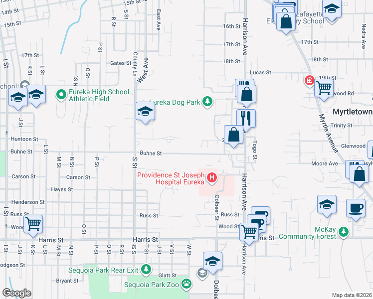 map of restaurants, bars, coffee shops, grocery stores, and more near 2153 Buhne Street in Eureka