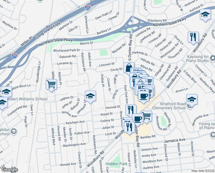 map of restaurants, bars, coffee shops, grocery stores, and more near 147 Pollok Place in Hicksville