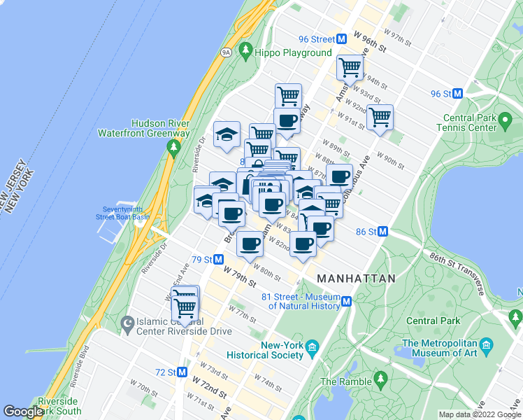 map of restaurants, bars, coffee shops, grocery stores, and more near 208 West 84th Street in New York