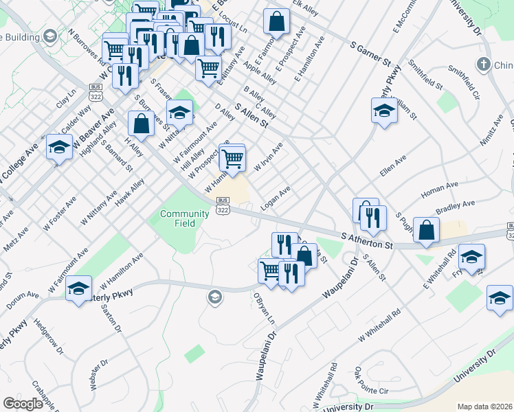 map of restaurants, bars, coffee shops, grocery stores, and more near 827 South Atherton Street in State College