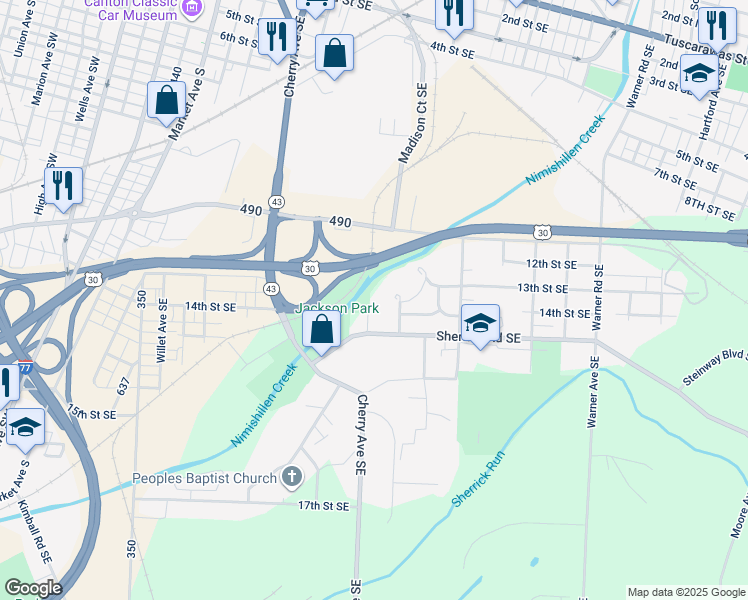 map of restaurants, bars, coffee shops, grocery stores, and more near 1400 Nimisilla Court Southeast in Canton