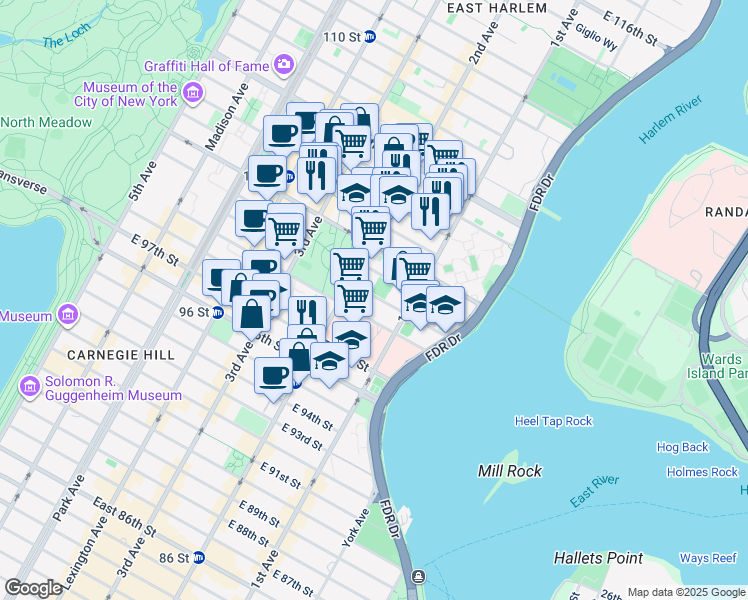 map of restaurants, bars, coffee shops, grocery stores, and more near 320 East 100th Street in New York