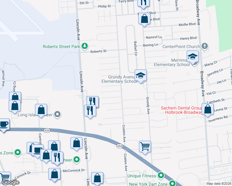 map of restaurants, bars, coffee shops, grocery stores, and more near 204 Helen Street in Holbrook