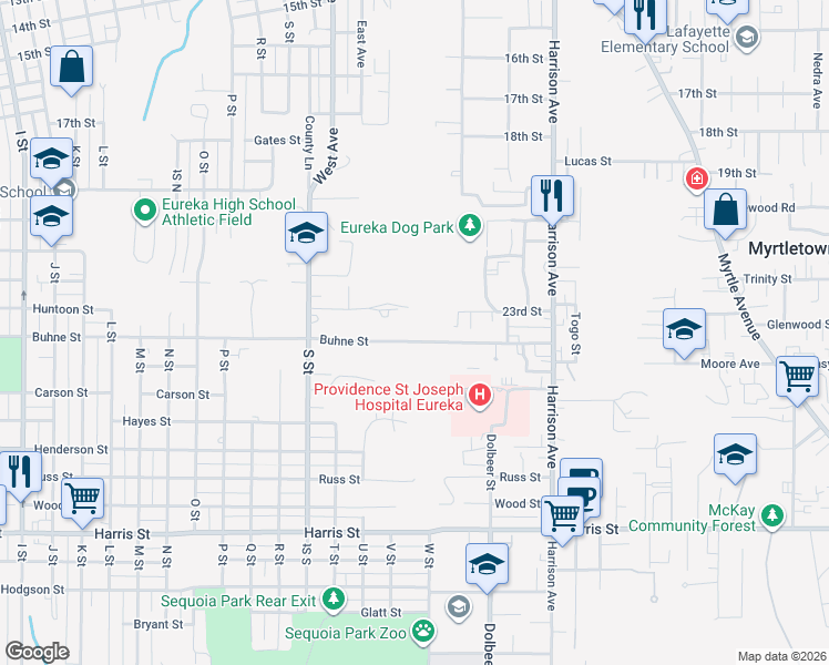 map of restaurants, bars, coffee shops, grocery stores, and more near 2153 Buhne Street in Eureka
