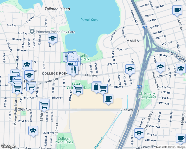 map of restaurants, bars, coffee shops, grocery stores, and more near 13-42 136th Street in Queens
