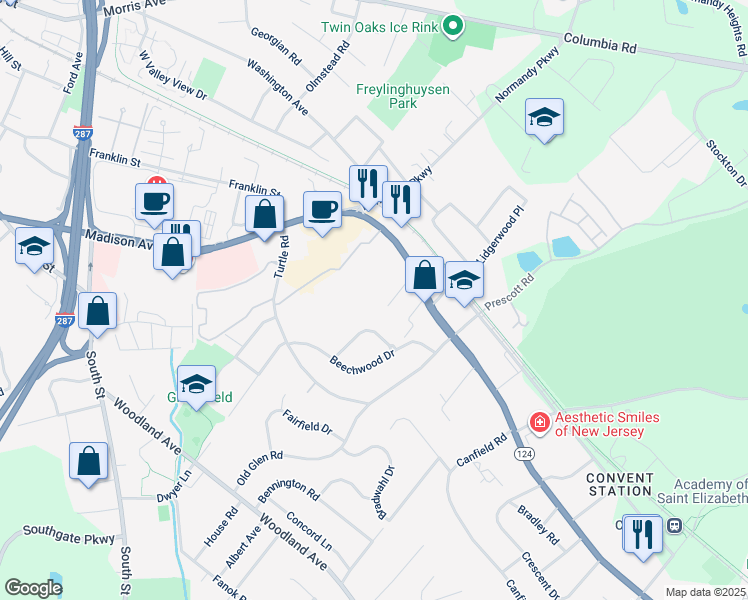 map of restaurants, bars, coffee shops, grocery stores, and more near 308 Pitney Place in Morristown