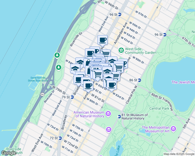 map of restaurants, bars, coffee shops, grocery stores, and more near 170 W 84th St in New York