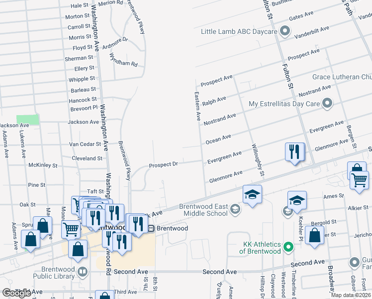 map of restaurants, bars, coffee shops, grocery stores, and more near 9 Pinewild Road in Brentwood