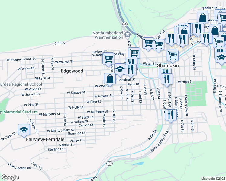 map of restaurants, bars, coffee shops, grocery stores, and more near 867 W Spruce St in Fairview-Ferndale