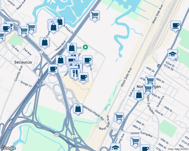 map of restaurants, bars, coffee shops, grocery stores, and more near 575 Park Plaza Drive in Secaucus