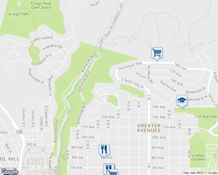 map of restaurants, bars, coffee shops, grocery stores, and more near 829 North Grandridge Drive in Salt Lake City