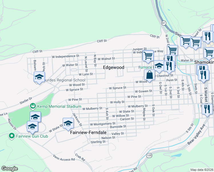 map of restaurants, bars, coffee shops, grocery stores, and more near 1301-1399 West Spruce Street in Northumberland County