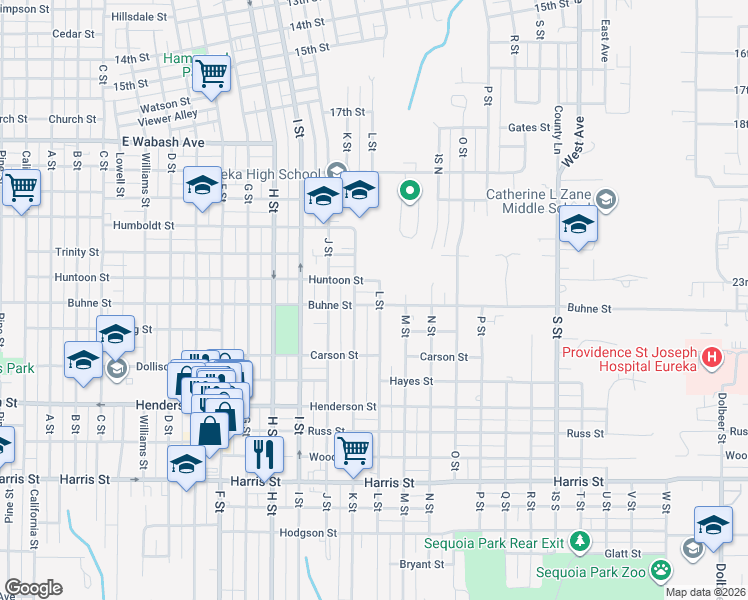 map of restaurants, bars, coffee shops, grocery stores, and more near 1037 Buhne Street in Eureka