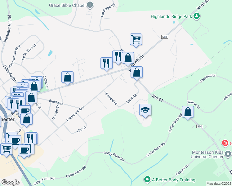 map of restaurants, bars, coffee shops, grocery stores, and more near 7 Seward Place in Chester