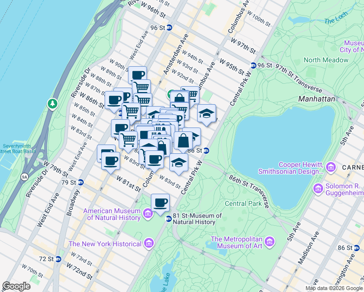map of restaurants, bars, coffee shops, grocery stores, and more near 50 West 87th Street in New York