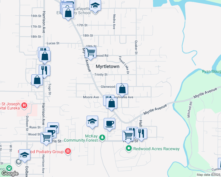map of restaurants, bars, coffee shops, grocery stores, and more near 3410 Glenwood Street in Eureka