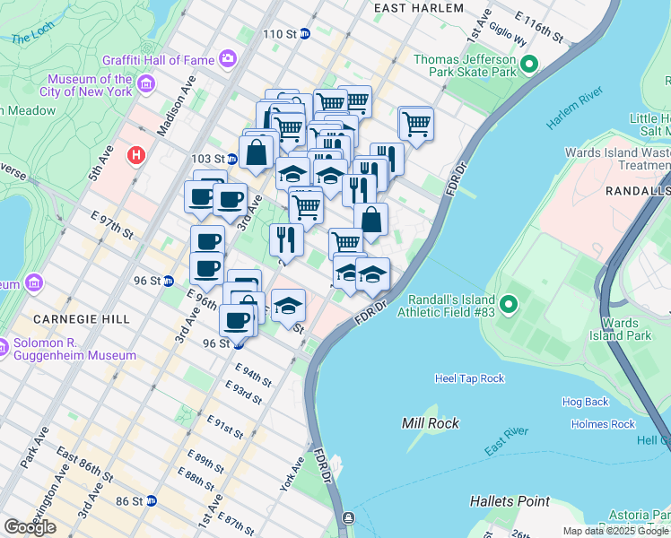 map of restaurants, bars, coffee shops, grocery stores, and more near 1955 1st Avenue in New York