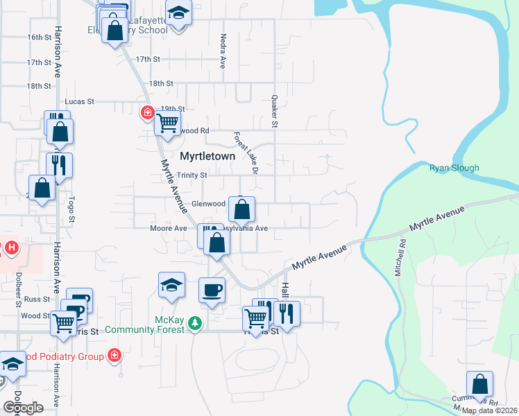map of restaurants, bars, coffee shops, grocery stores, and more near 3674 Glenwood Street in Eureka