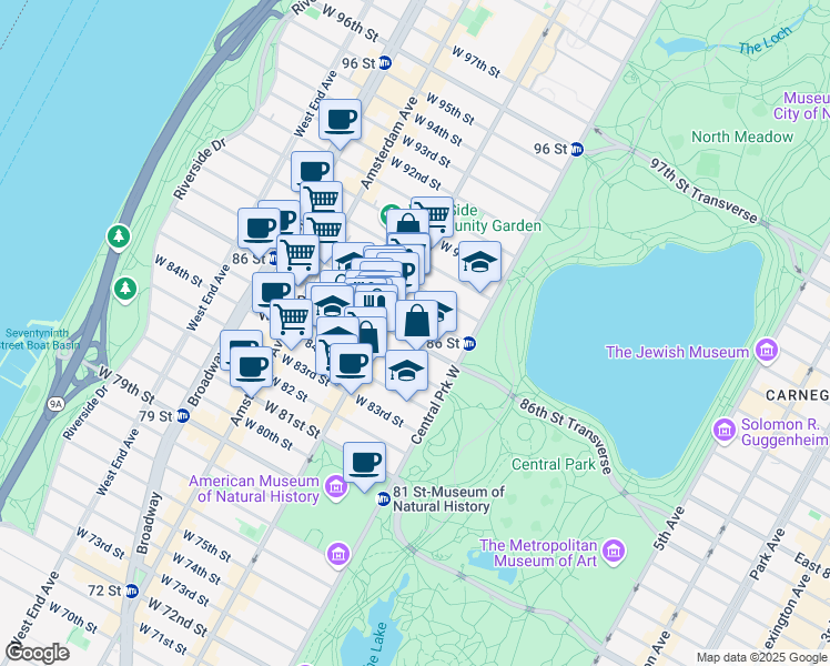 map of restaurants, bars, coffee shops, grocery stores, and more near 37 West 86th Street in New York