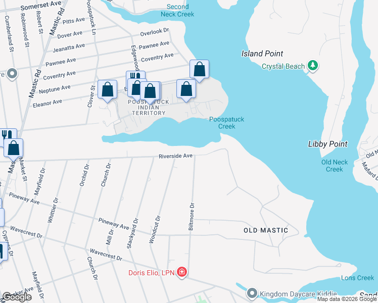 map of restaurants, bars, coffee shops, grocery stores, and more near 15 Riverside Avenue in Mastic Beach
