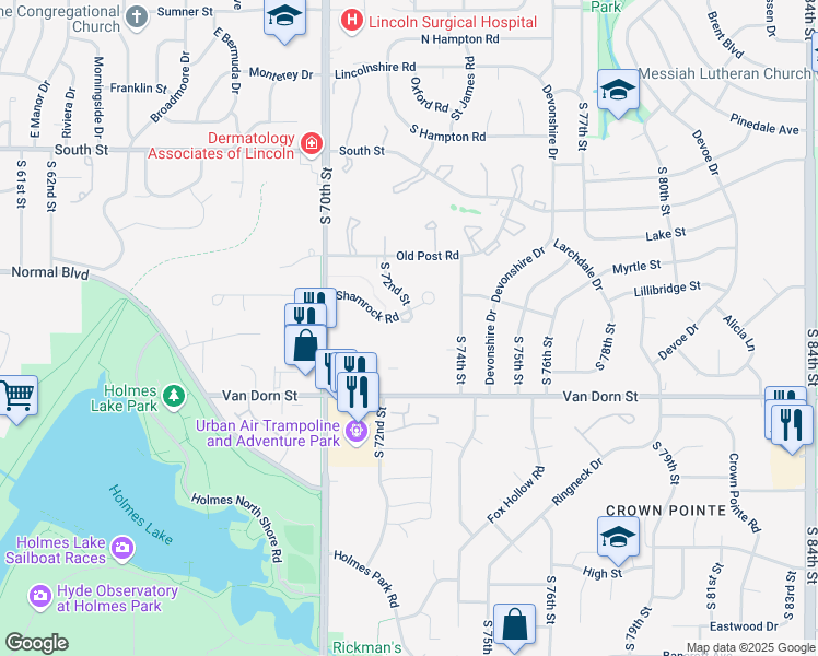 map of restaurants, bars, coffee shops, grocery stores, and more near 7129 Shamrock Road in Lincoln