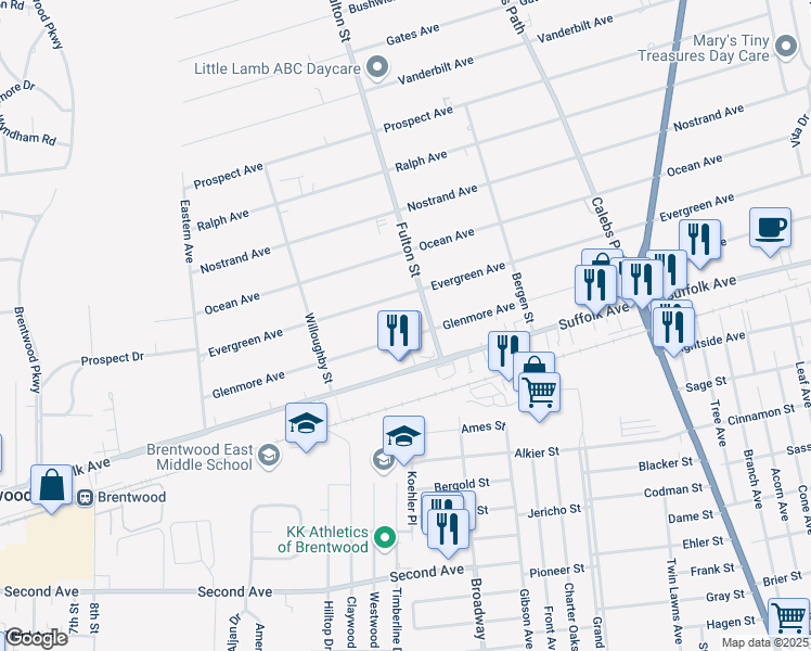 map of restaurants, bars, coffee shops, grocery stores, and more near 35 Glenmore Ave in Brentwood