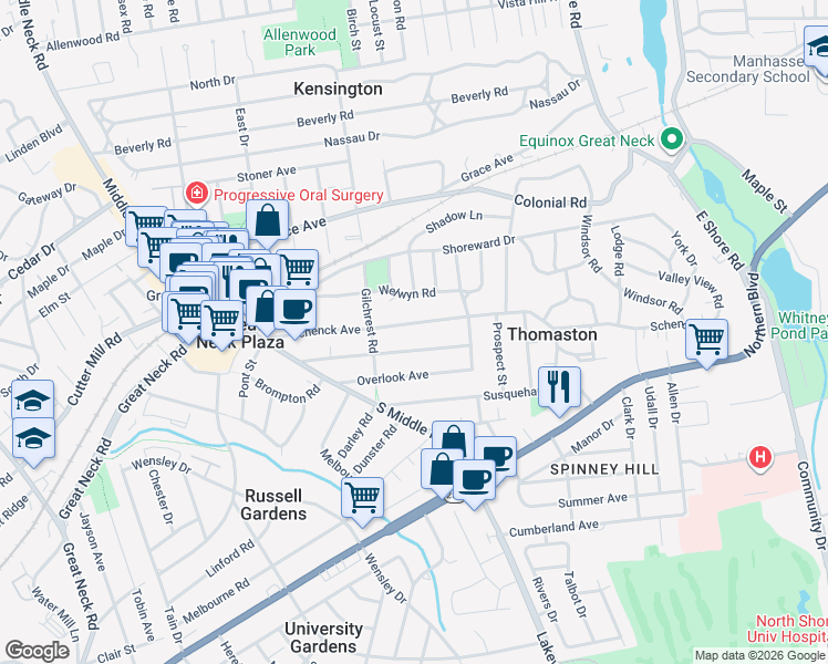 map of restaurants, bars, coffee shops, grocery stores, and more near 150 Schenck Avenue in Great Neck
