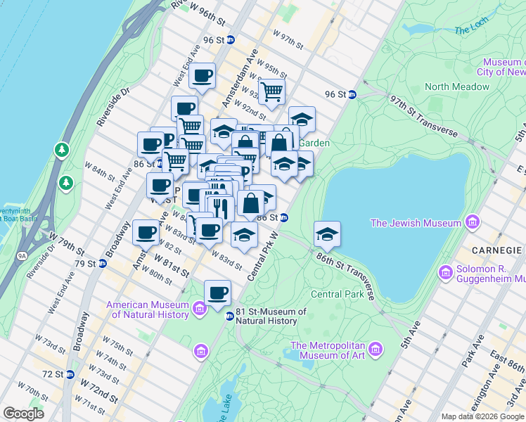 map of restaurants, bars, coffee shops, grocery stores, and more near 26 West 87th Street in New York