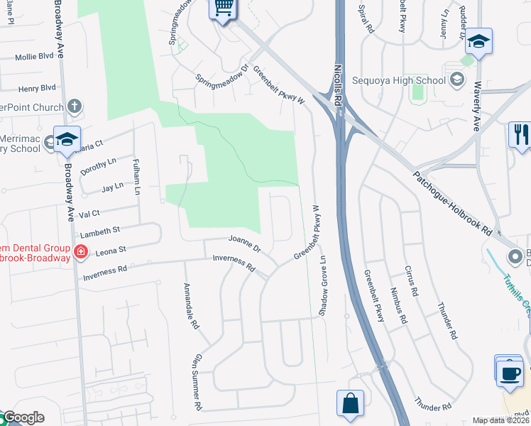 map of restaurants, bars, coffee shops, grocery stores, and more near 42 Windermere Drive in Holbrook
