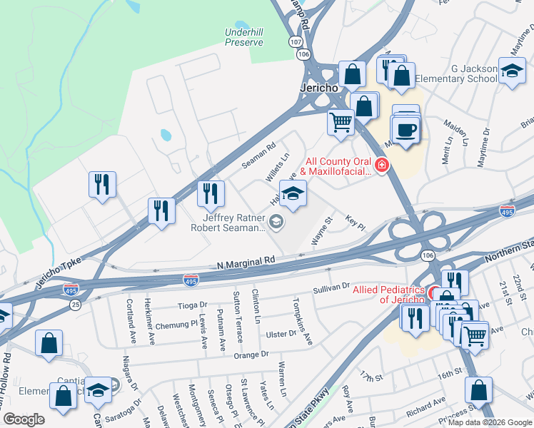 map of restaurants, bars, coffee shops, grocery stores, and more near 201 Halsey Avenue in Jericho