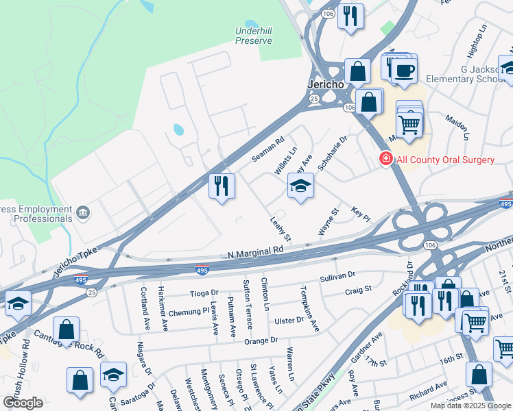 map of restaurants, bars, coffee shops, grocery stores, and more near 201 Halsey Avenue in Jericho