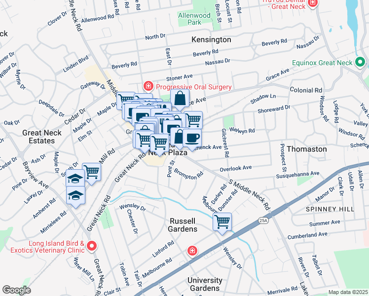 map of restaurants, bars, coffee shops, grocery stores, and more near 5 Schenck Avenue in Great Neck Plaza