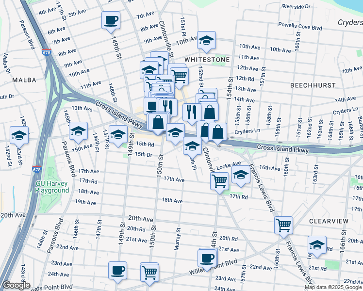 map of restaurants, bars, coffee shops, grocery stores, and more near 15049 15th Drive in Queens
