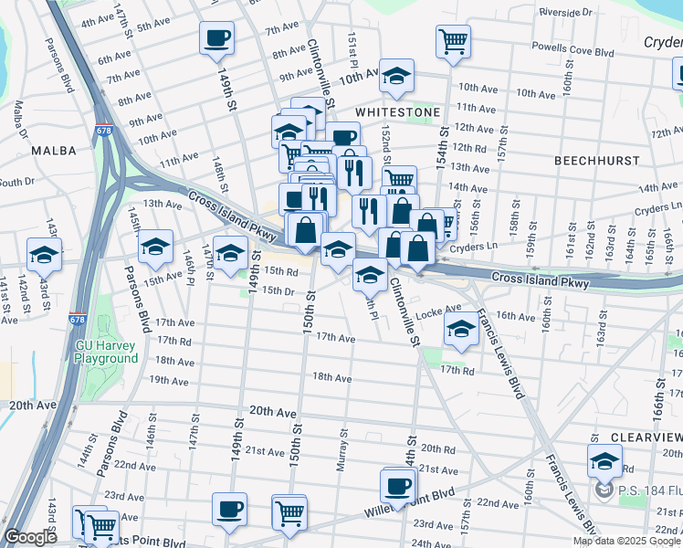 map of restaurants, bars, coffee shops, grocery stores, and more near 15049 15th Drive in Queens