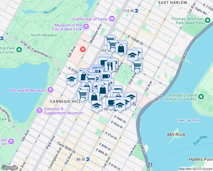 map of restaurants, bars, coffee shops, grocery stores, and more near 243 East 98th Street in New York