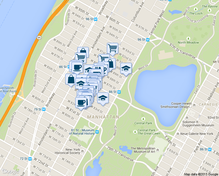 map of restaurants, bars, coffee shops, grocery stores, and more near 50 West 87th Street in New York