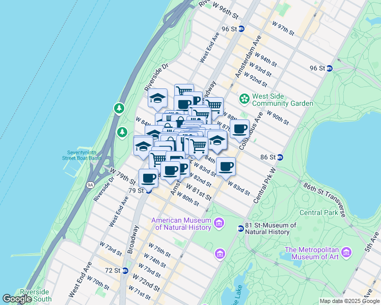 map of restaurants, bars, coffee shops, grocery stores, and more near 208 West 84th Street in New York