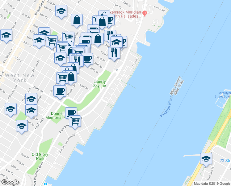 map of restaurants, bars, coffee shops, grocery stores, and more near in West New York
