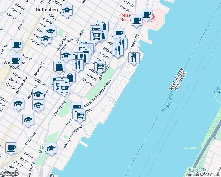 map of restaurants, bars, coffee shops, grocery stores, and more near 351 Oswego Court in West New York